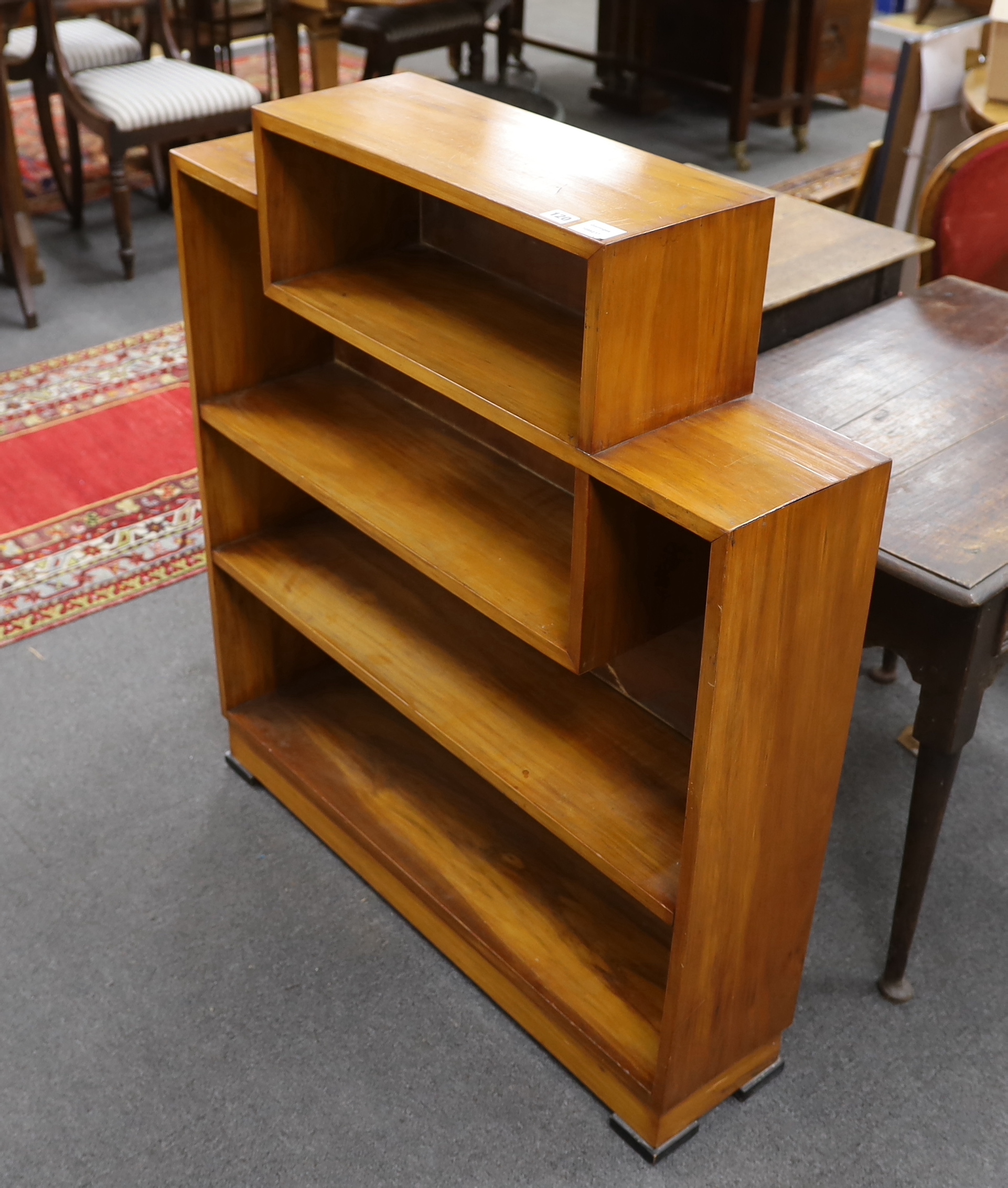 An Art Deco walnut open bookcase, width 91cm, depth 21cm, height 103cm